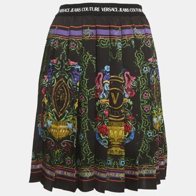 Pre-owned Versace Jeans Couture Garden Print Satin Pleated Mini Skirt L In Black