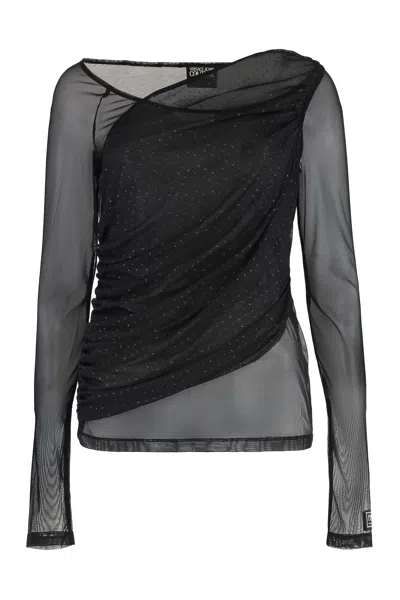 Versace Jeans Couture Gathered Side Tulle Top In Black