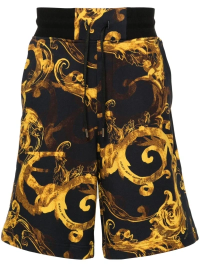 Versace Jeans Couture Gold Watercolor Couture Printed Cotton Shorts In Black