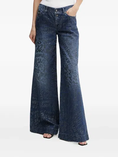 Versace Jeans Couture Graffiti-print Wide-leg Jeans In Blue