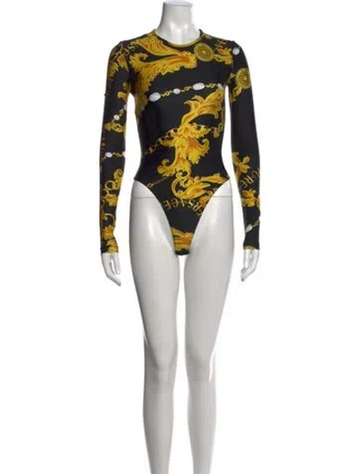 Pre-owned Versace Jeans Couture Graphic Print Crew Neck Bodysuit In Black