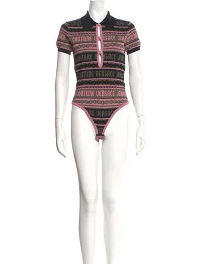 Pre-owned Versace Jeans Couture Graphic Print Short Sleeve Bodysuit In Black