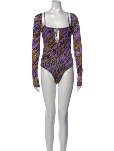Pre-owned Versace Jeans Couture Graphic Print Square Neckline Bodysuit In Purple