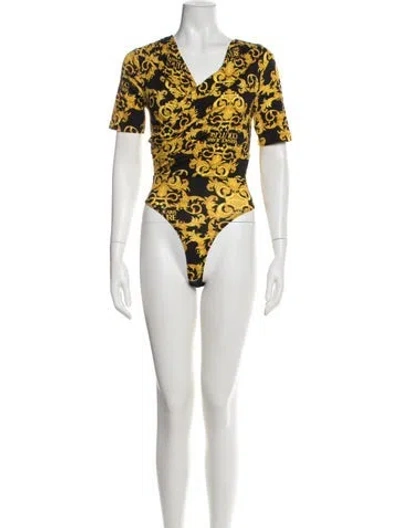 Pre-owned Versace Jeans Couture Graphic Print V-neck Bodysuit In Black