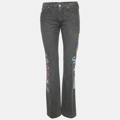 Pre-owned Versace Jeans Couture Grey Logo Embroidered Cotton Wide Leg Jeans M Waist 30" In Gray