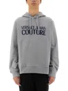 Versace Jeans Couture Grey Logo Print Sweatshirt With Classic Hood In Gray