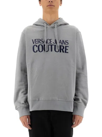 VERSACE JEANS COUTURE GREY LOGO PRINT SWEATSHIRT WITH CLASSIC HOOD