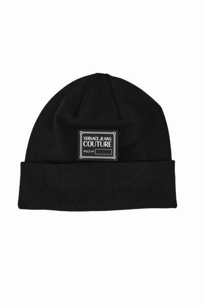 Versace Jeans Couture Logo-patch Wool-blend Beanie In Black
