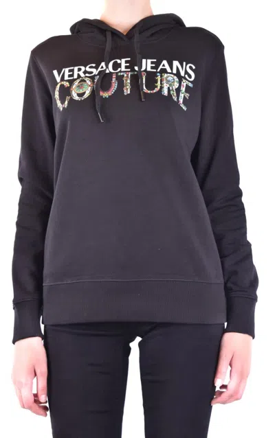 VERSACE JEANS COUTURE HOODED BLACK SWEATSHIRT WITH BOLD LOGO PRINT