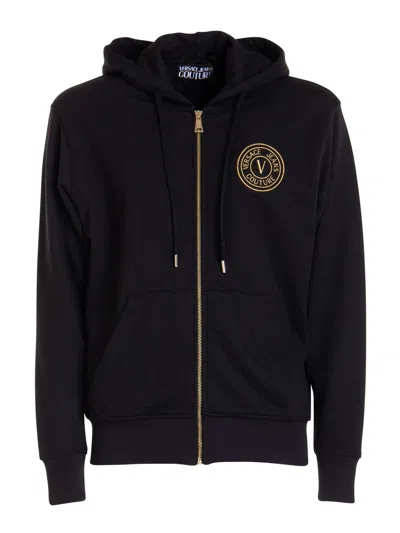 Versace Jeans Couture Hooded Embroidered Logo Sweater In Negro