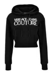 Versace Jeans Couture Cropped Black Sweatshirt With Hood And Logo Detail In Black