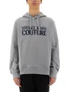 Versace Jeans Couture Grey Logo Print Sweatshirt With Classic Hood In Grey