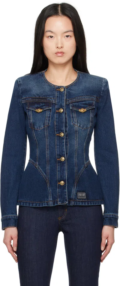Versace Jeans Couture Indigo Fitted Denim Jacket In E904 Indigo