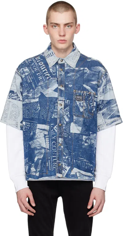 Versace Jeans Couture Magazine-print Denim Shirt In Light Blue