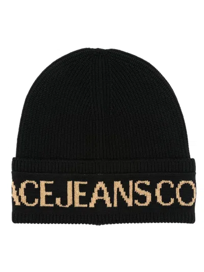 Versace Jeans Couture Logo Beanie In Black+gold