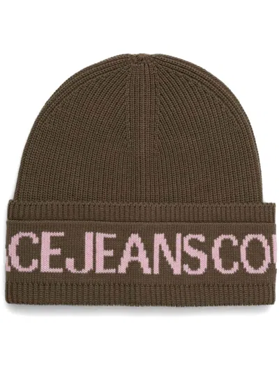 Versace Jeans Couture Intarsia-logo Beanie In Brown