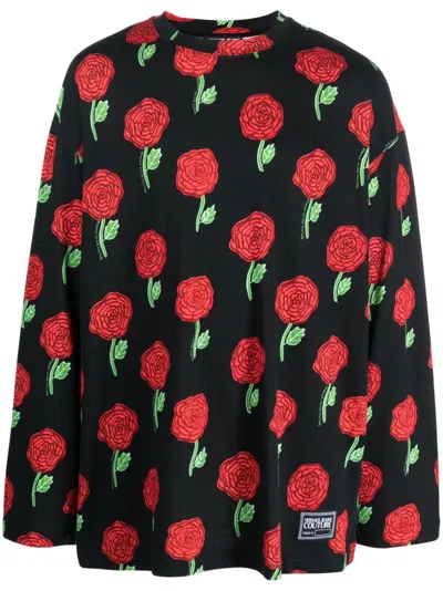 Versace Jeans Couture Interlock Rose-print Oversized T-shirt In Schwarz