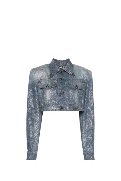 Versace Jeans Couture Cropped Metallic Paint Denim Jacket In Indigo
