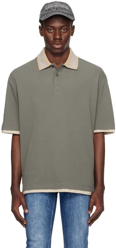 Versace Jeans Couture Khaki Intarsia Polo In E148 Moss