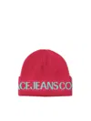 Versace Jeans Couture Knitted Beanie With Logo In Fuchsia