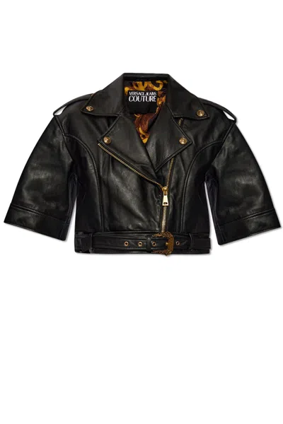 Versace Jeans Couture Short Sleeve Faux-leather Moto Jacket In Black