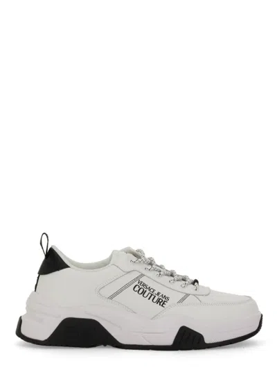 Versace Jeans Couture Leather Sneakers With Textured Finish And Metallic Accents In White