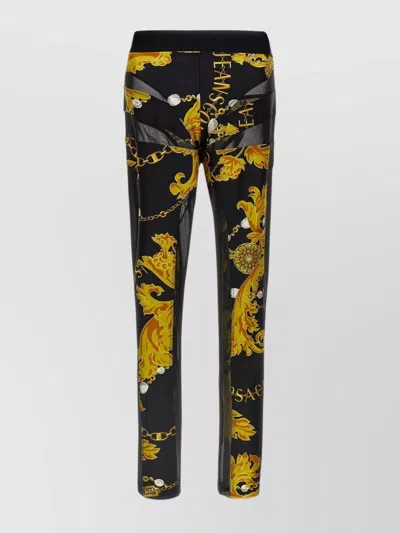 Versace Jeans Couture Leggings With Baroque Print And Mesh Panels In Black