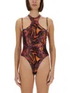 Versace Jeans Couture Abstract Print Slim Fit Leotard With High Neckline In Orange
