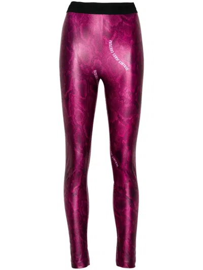 Versace Jeans Couture Lizard-print Leggings In E477 Raspberry Rose