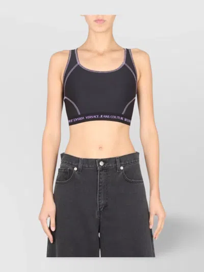 Versace Jeans Couture Logo Band Crop Top With Contrast Stitching In Black