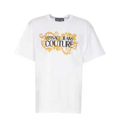 Versace Jeans Couture Logo-print Cotton T-shirt In Bianco E Oro