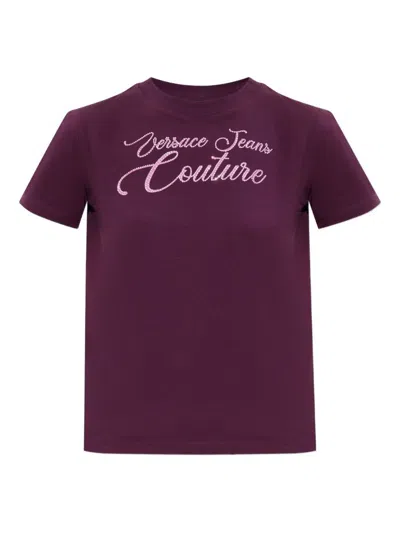 VERSACE JEANS COUTURE LOGO BURGUNDY STRETCH COTTON T-SHIRT