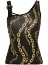 Versace Jeans Couture Asymmetric Strap Buckle Logo Chain Print Top In Black