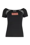 Versace Jeans Couture Cotton Logo T-shirt With Tulle And Mesh In Black