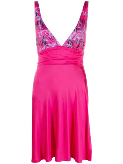 Versace Jeans Couture Logo-print V-neck Minidress In Pink