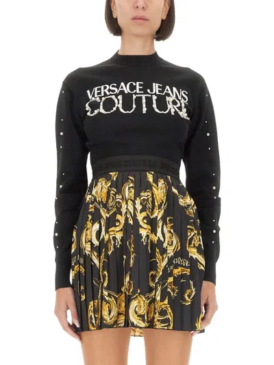Versace Jeans Couture Logo Embellished Sweater In Black