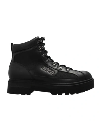 Versace Jeans Couture Logo Embossed Lace-up Boots In Black