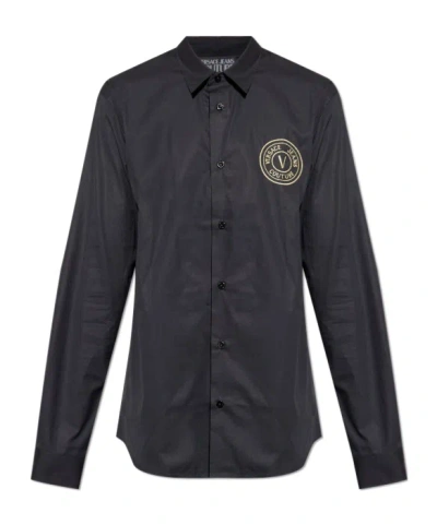 Versace Jeans Couture Logo Embroidered Long-sleeved Shirt In Black