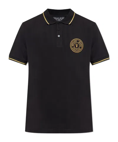 Versace Jeans Couture Logo Embroidered Short-sleeved Polo Shirt In Black