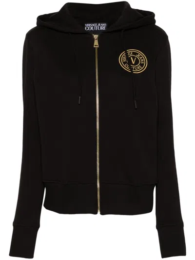 Versace Jeans Couture Logo-embroidered Zip-up Hoodie In Black