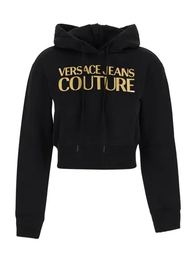 Versace Jeans Couture Logo Print Cropped Hoodie In Black