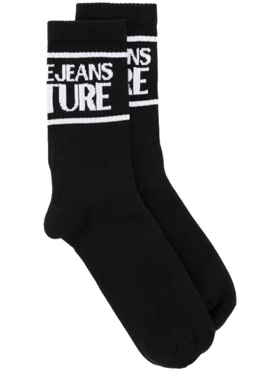 Versace Jeans Couture Logo-intarsia Knitted Socks In Black