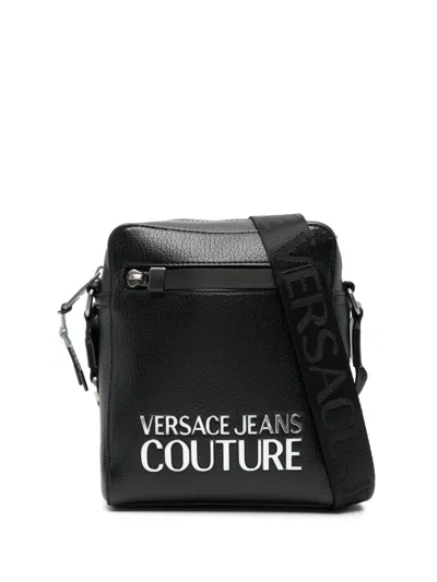 Versace Jeans Couture Logo-lettering Faux-leather Messenger Bag In Black