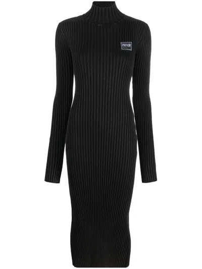 Versace Jeans Couture Logo Patch Ribbed Midi Dress In Black