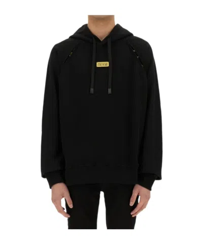 Versace Jeans Couture Logo Plaque Drawstring Hoodie In Black