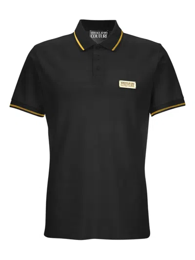 Versace Jeans Couture Black Cotton Polo Shirt With Gold Details And Logo