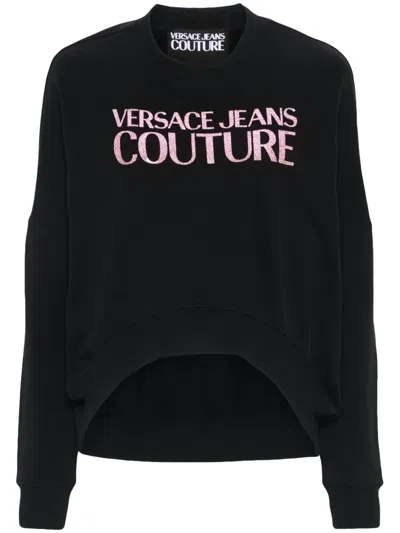 Versace Jeans Couture Cropped Black Sweater With Embroidered Logo And Decorative Beads