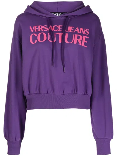 Versace Jeans Couture Logo-print Cropped Cotton Hoodie In Violett