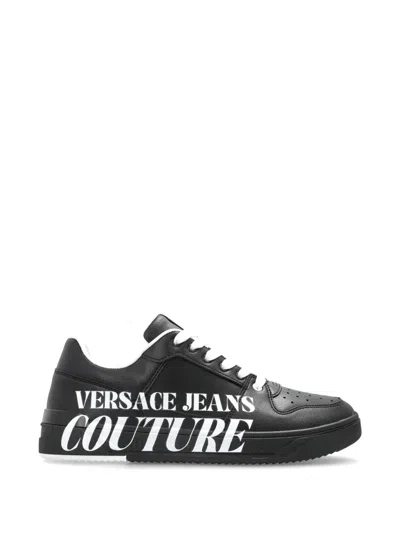 Versace Jeans Couture Logo-print Leather Sneakers In Black