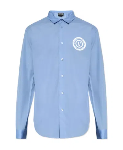 Versace Jeans Couture Logo Print Long-sleeved Shirt In Blue